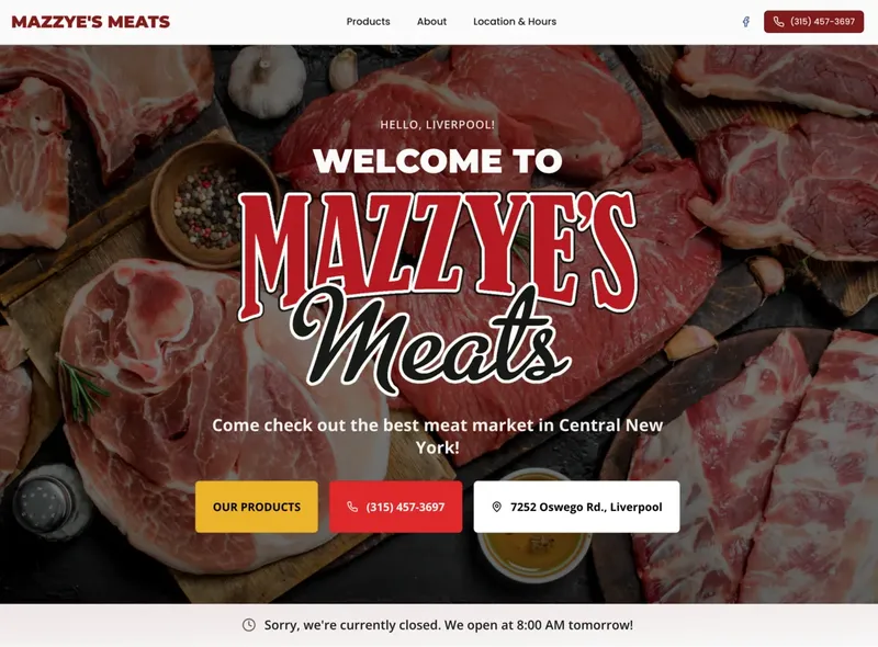 Mazzye's Meats website screenshot